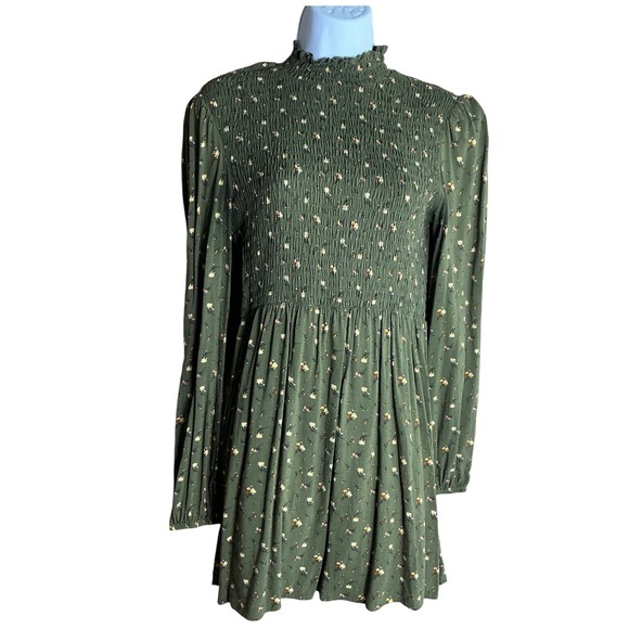 wild fable Dresses & Skirts - Wild Fable Womens‎ Olive Green Floral Smocked Mock Neck Mini Dress Size M 0448